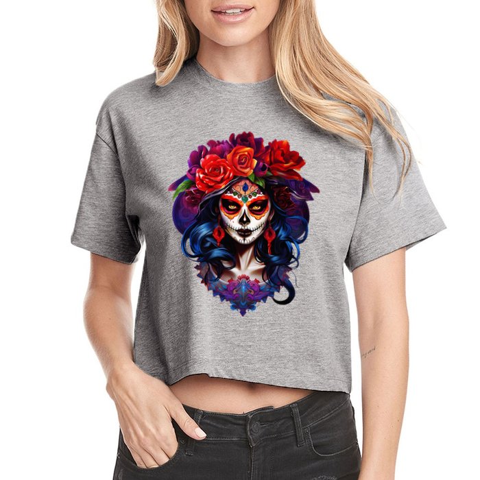 De Los Muertos La Catrina Day Of The Dead Sugar Skull Women's Crop Top Tee