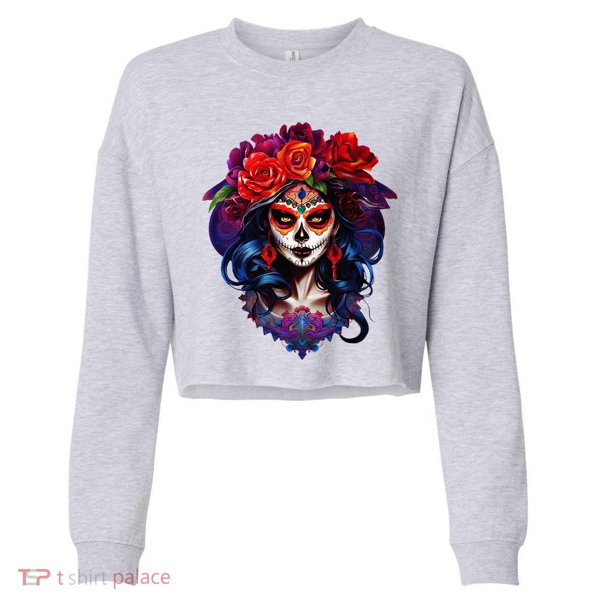 De Los Muertos La Catrina Day Of The Dead Sugar Skull Cropped Pullover Crew