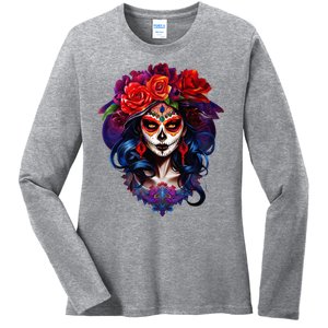 De Los Muertos La Catrina Day Of The Dead Sugar Skull Ladies Long Sleeve Shirt