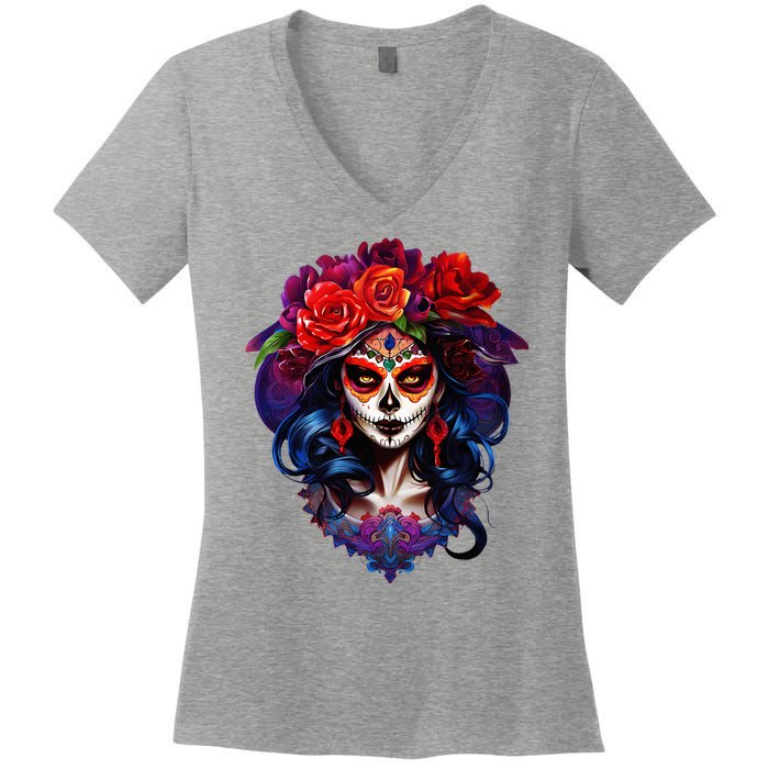 De Los Muertos La Catrina Day Of The Dead Sugar Skull Women's V-Neck T-Shirt