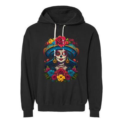 De Los Muertos La Catrina Sugar Skull Day Of The Dead Garment-Dyed Fleece Hoodie