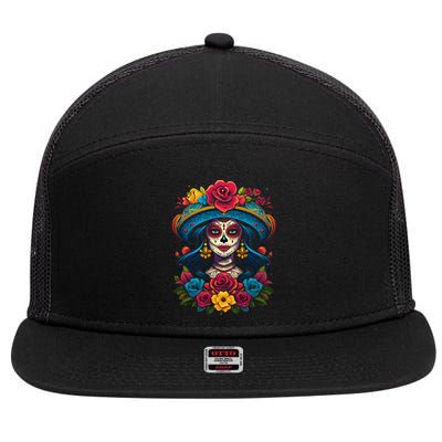 De Los Muertos La Catrina Sugar Skull Day Of The Dead 7 Panel Mesh Trucker Snapback Hat