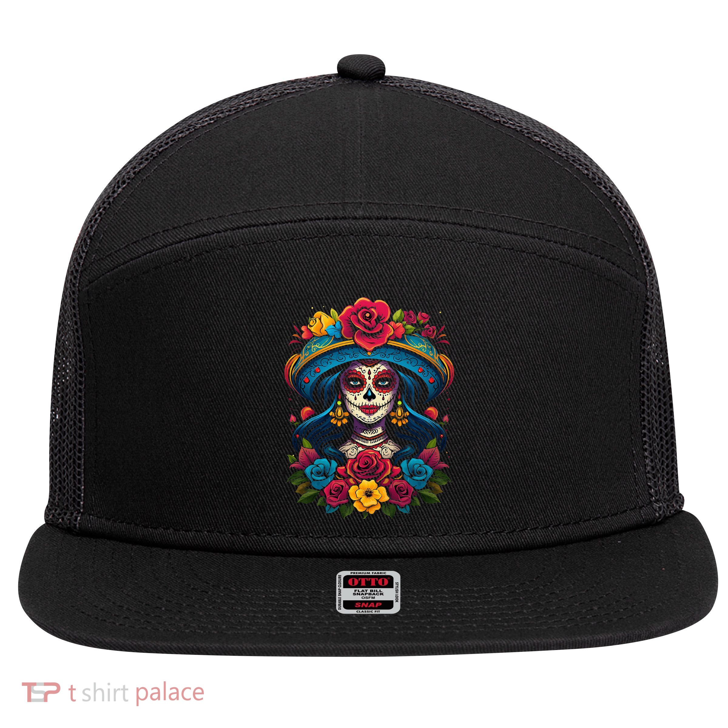 De Los Muertos La Catrina Sugar Skull Day Of The Dead 7 Panel Mesh Trucker Snapback Hat