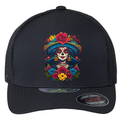 De Los Muertos La Catrina Sugar Skull Day Of The Dead Flexfit Unipanel Trucker Cap