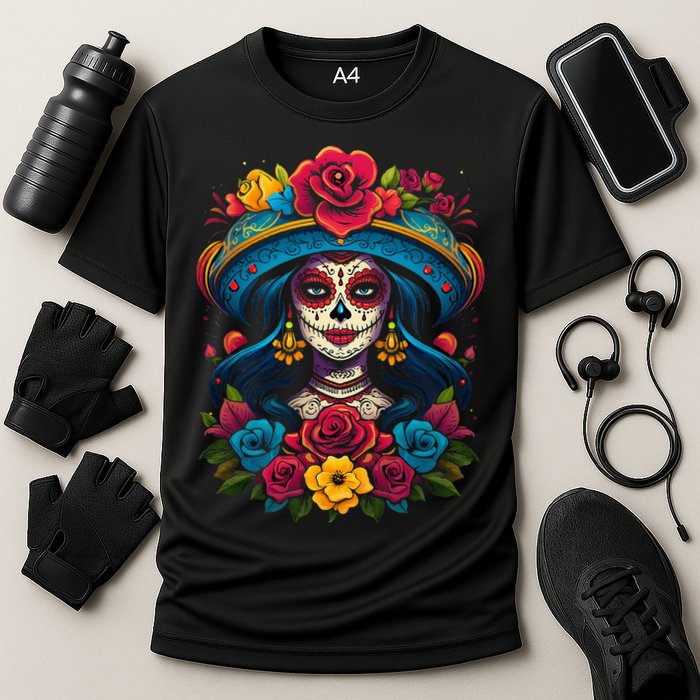 De Los Muertos La Catrina Sugar Skull Day Of The Dead Cooling Performance Crew T-Shirt