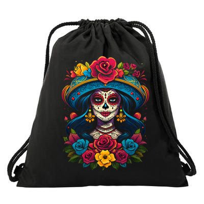 De Los Muertos La Catrina Sugar Skull Day Of The Dead Drawstring Bag
