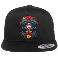 De Los Muertos La Catrina Sugar Skull Day Of The Dead Flat Bill Trucker Hat