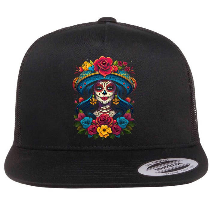 De Los Muertos La Catrina Sugar Skull Day Of The Dead Flat Bill Trucker Hat