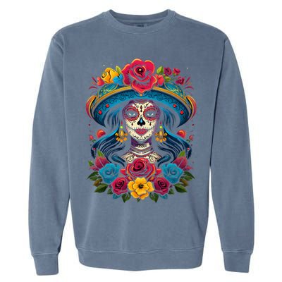De Los Muertos La Catrina Sugar Skull Day Of The Dead Garment-Dyed Sweatshirt