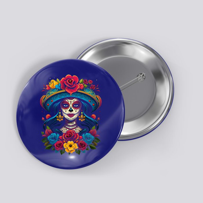 De Los Muertos La Catrina Sugar Skull Day Of The Dead Button
