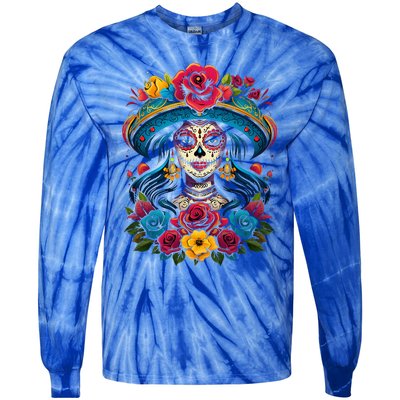 De Los Muertos La Catrina Sugar Skull Day Of The Dead Tie-Dye Long Sleeve Shirt