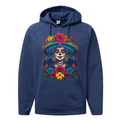 De Los Muertos La Catrina Sugar Skull Day Of The Dead Performance Fleece Hoodie