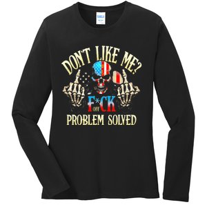 Dont Like Me F Ck Off Problemsolved Funny Skull Grim Reaper Ladies Long Sleeve Shirt