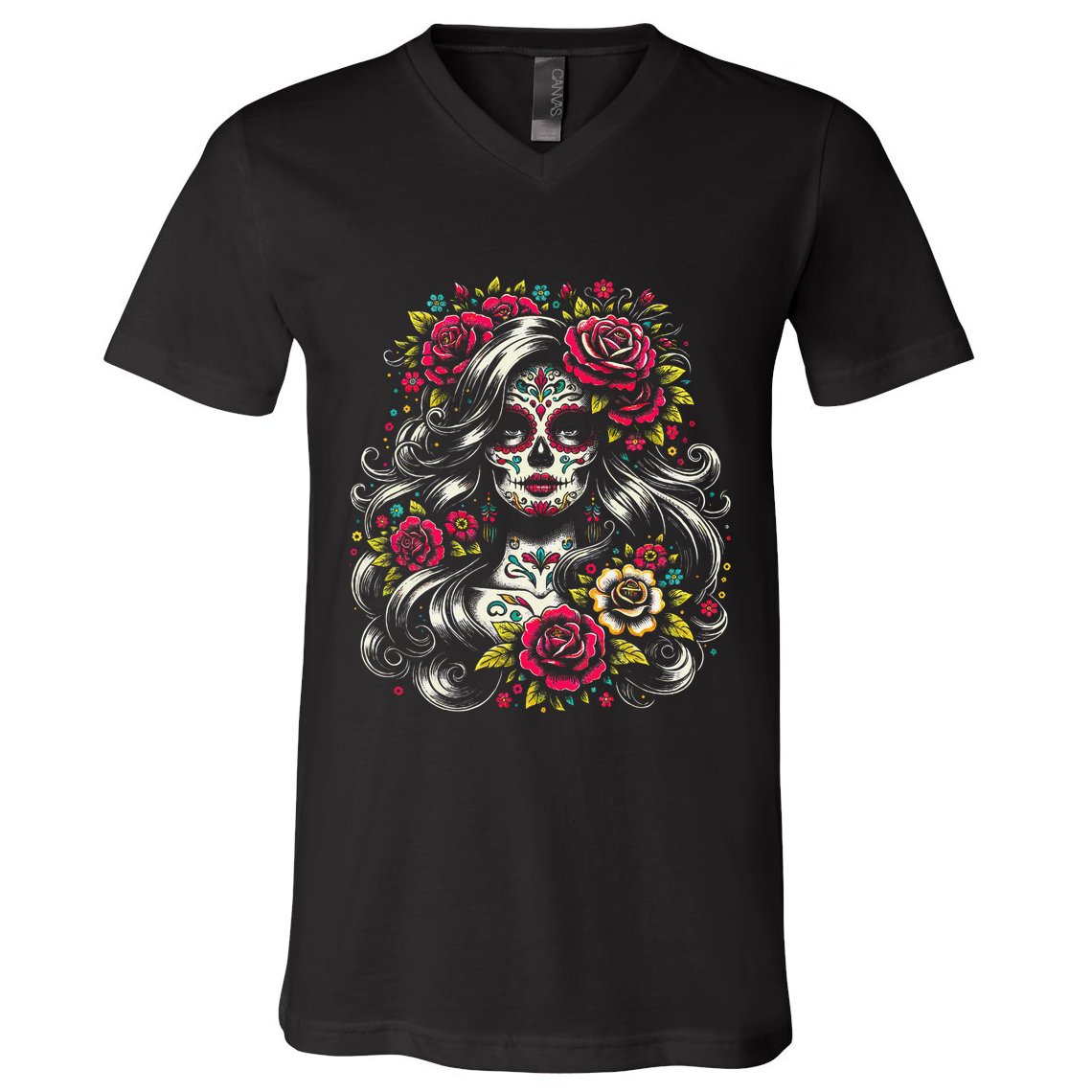 De Los Muertos La Catrina Day Of The Dead Sugar Skull Women V-Neck T-Shirt