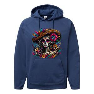 De Los Muertos La Catrina Day Of The Dead Sugar Skull Women Performance Fleece Hoodie