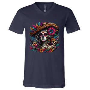 De Los Muertos La Catrina Day Of The Dead Sugar Skull Women V-Neck T-Shirt