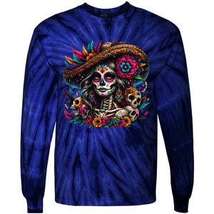 De Los Muertos La Catrina Day Of The Dead Sugar Skull Women Tie-Dye Long Sleeve Shirt