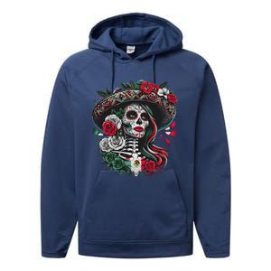 De Los Muertos La Catrina Day Of The Dead Sugar Skull Women Performance Fleece Hoodie