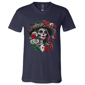 De Los Muertos La Catrina Day Of The Dead Sugar Skull Women V-Neck T-Shirt