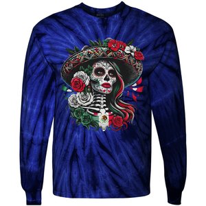 De Los Muertos La Catrina Day Of The Dead Sugar Skull Women Tie-Dye Long Sleeve Shirt