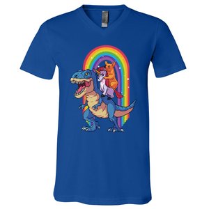 Dog Lovers Magical Tees Corgi And Unicorn Riding A Dinosaur Gift V-Neck T-Shirt