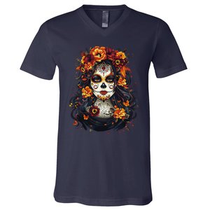 De Los Muertos La Catrina Day Of The Dead Sugar Skull Women V-Neck T-Shirt