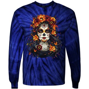 De Los Muertos La Catrina Day Of The Dead Sugar Skull Women Tie-Dye Long Sleeve Shirt