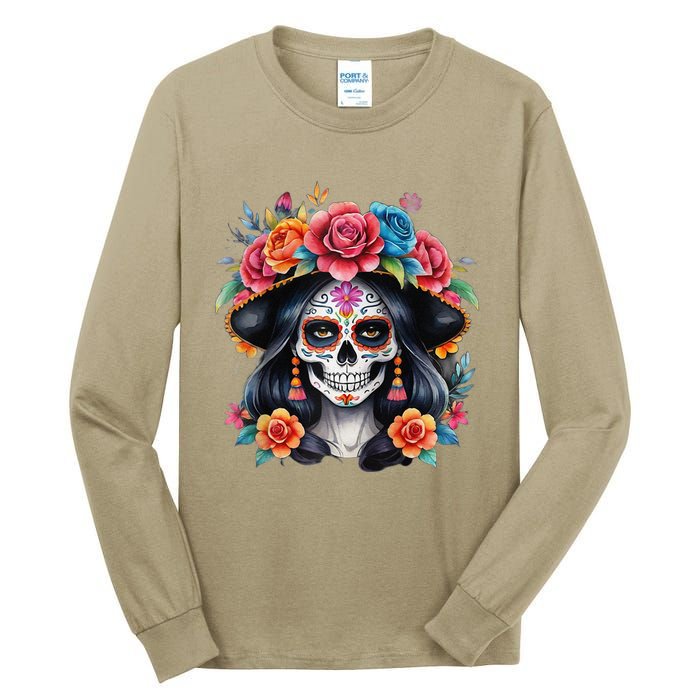 De Los Muertos La Catrina Sugar Skull Women Day Of The Dead Tall Long Sleeve T-Shirt