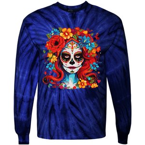 De Los Muertos La Catrina Day Of The Dead Sugar Skull Women Tie-Dye Long Sleeve Shirt