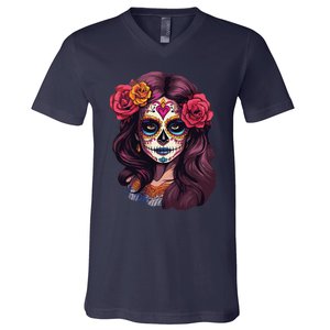 De Los Muertos La Catrina Day Of The Dead Sugar Skull Women V-Neck T-Shirt