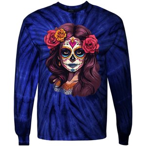 De Los Muertos La Catrina Day Of The Dead Sugar Skull Women Tie-Dye Long Sleeve Shirt