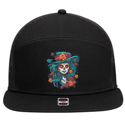 De Los Muertos La Catrina Day of the Dead 7 Panel Mesh Trucker Snapback Hat