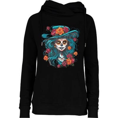 De Los Muertos La Catrina Day of the Dead Womens Funnel Neck Pullover Hood