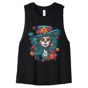 De Los Muertos La Catrina Day of the Dead Women's Racerback Cropped Tank