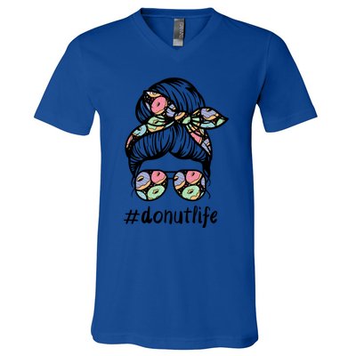 Donut Life Messy Buns Gift Glasses Pastry Chef Mom Life Gift V-Neck T-Shirt