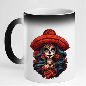 De Los Muertos La Catrina Day Of The Dead Sugar Skull Women 11oz Black Color Changing Mug