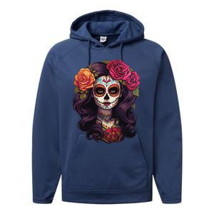 De Los Muertos La Catrina Day Of The Dead Sugar Skull Women Performance Fleece Hoodie