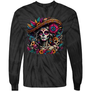 De Los Muertos La Catrina Day Of The Dead Sugar Skull Women Tie-Dye Long Sleeve Shirt