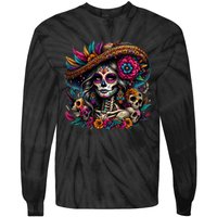 De Los Muertos La Catrina Day Of The Dead Sugar Skull Women Tie-Dye Long Sleeve Shirt