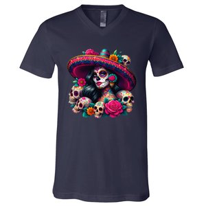 De Los Muertos La Catrina Day Of The Dead Sugar Skull Women V-Neck T-Shirt