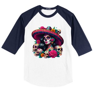 De Los Muertos La Catrina Day Of The Dead Sugar Skull Women Baseball Sleeve Shirt