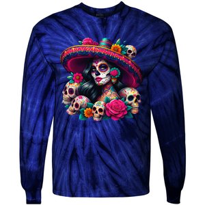 De Los Muertos La Catrina Day Of The Dead Sugar Skull Women Tie-Dye Long Sleeve Shirt