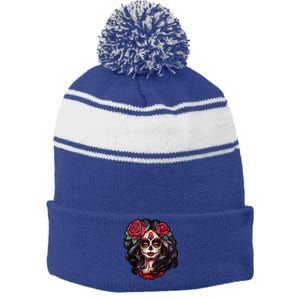 De Los Muertos La Catrina Day Of The Dead Sugar Skull Women Stripe Pom Pom Beanie