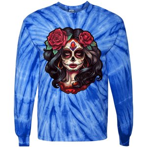 De Los Muertos La Catrina Day Of The Dead Sugar Skull Women Tie-Dye Long Sleeve Shirt