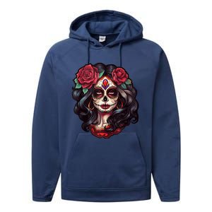 De Los Muertos La Catrina Day Of The Dead Sugar Skull Women Performance Fleece Hoodie