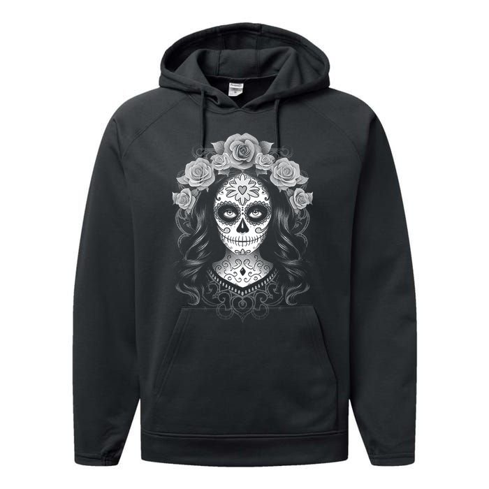 De Los Muertos La Catrina Day Of The Dead Sugar Skull Women Performance Fleece Hoodie