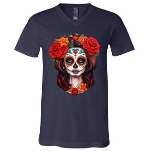 De Los Muertos La Catrina Day Of The Dead Sugar Skull Women V-Neck T-Shirt