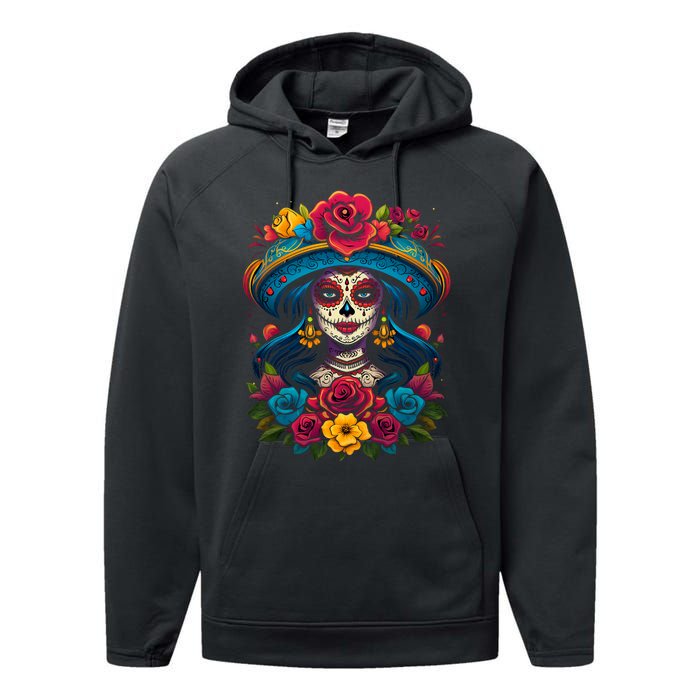 De Los Muertos La Catrina Sugar Skull Women Day Of The Dead Performance Fleece Hoodie