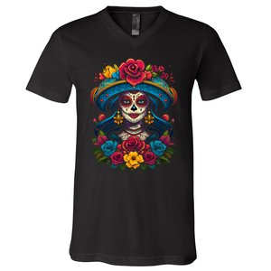 De Los Muertos La Catrina Sugar Skull Women Day Of The Dead V-Neck T-Shirt