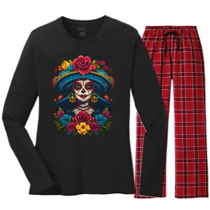 De Los Muertos La Catrina Sugar Skull Women Day Of The Dead Women's Long Sleeve Flannel Pajama Set 